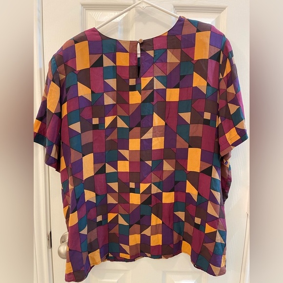 Vintage Geometric Short Sleeve, Silk Blouse, Bold Pattern, Shoulder Pad - Picture 2 of 3